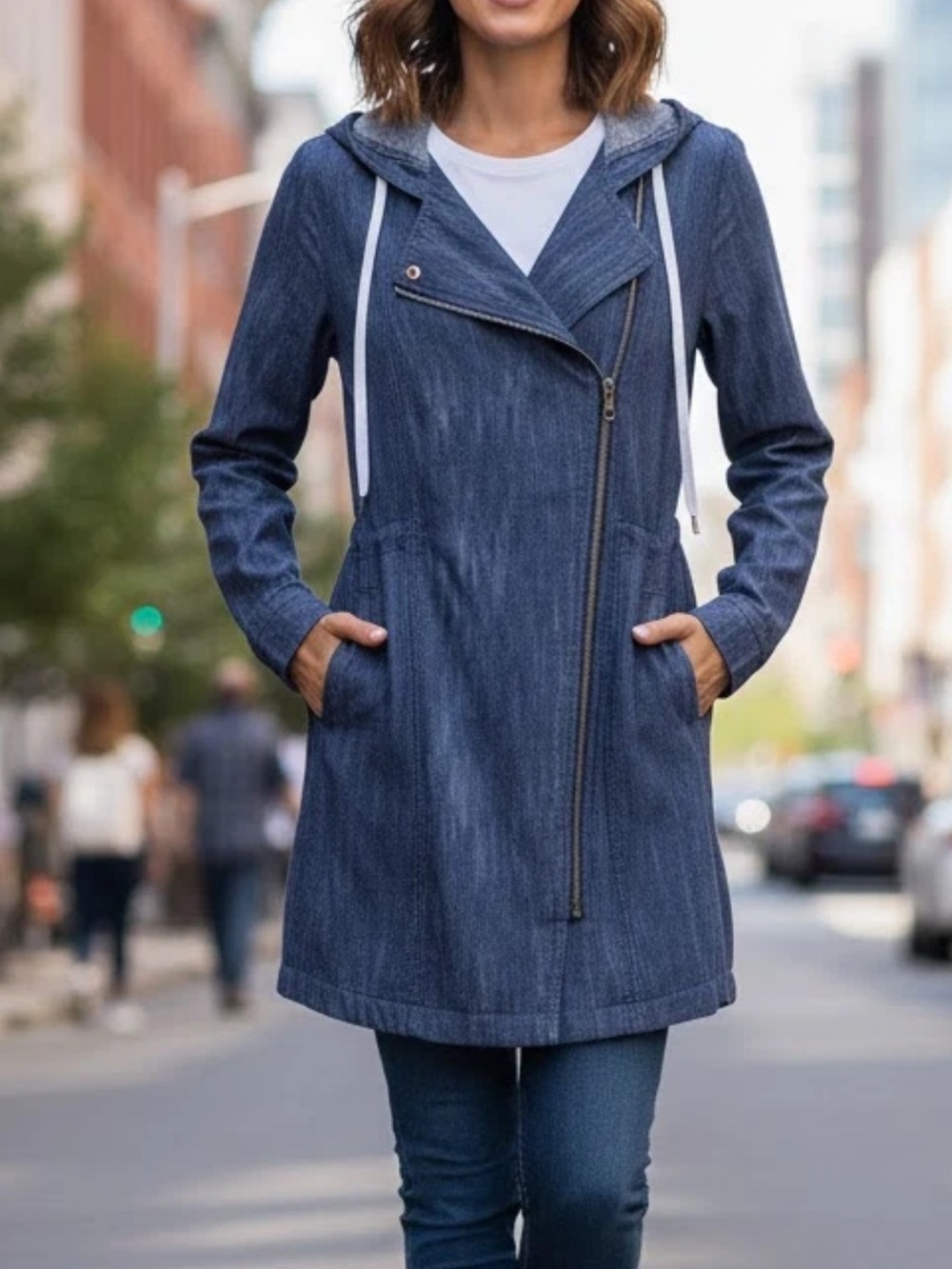 CAbi Love Carol Adventure Anorak Jacket Blue Denim Hooded Asymmetrical Zip #5100